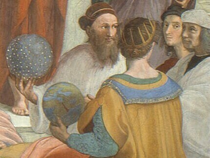 section of Raphael's School of Athens, one man facing away from view holds a terrestrial globe; another facing forward holds a celestial globe, while two other figures look on.