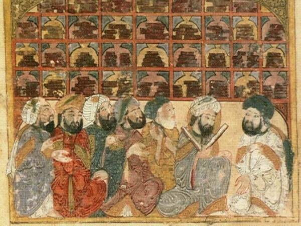 Medieval islamic painting of teacher and pupils seated together in library