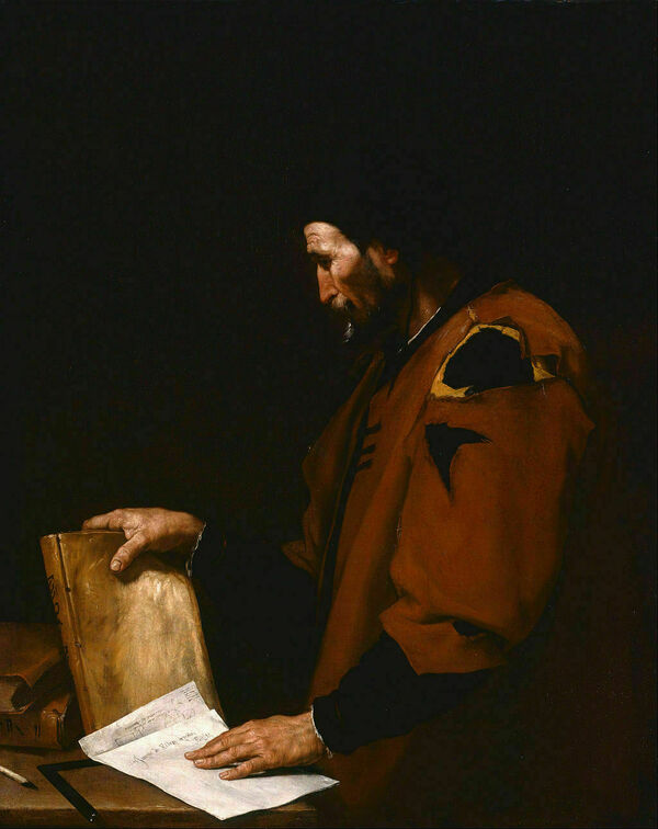 Painting of Aristotle, depicted as middle-aged bearded man with worn, red tunic, propping a book against a table with one hand and holding a page with another, surrounded by darkness in a chiaroscuro style