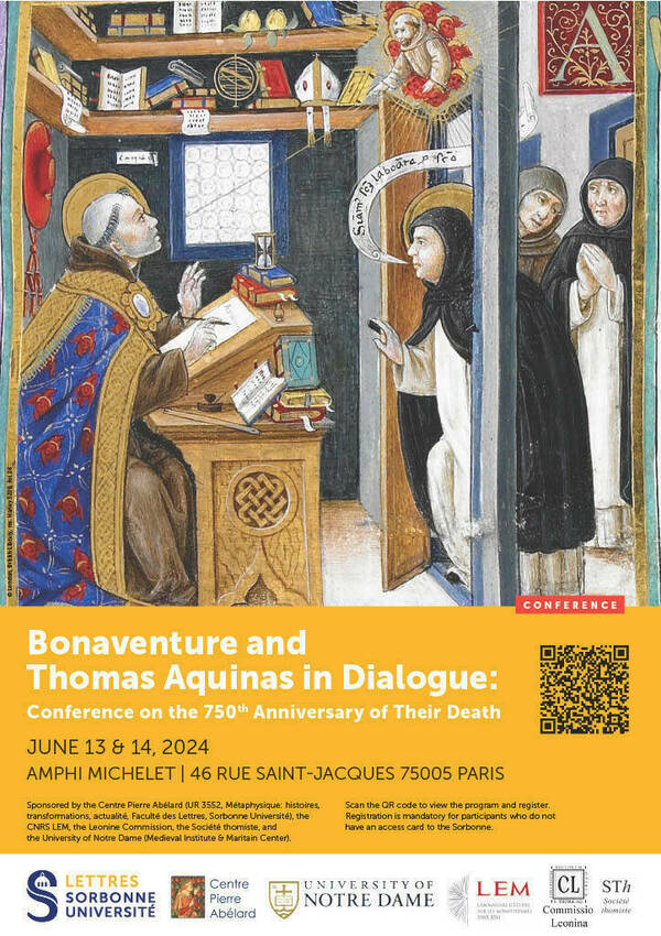 Conference poster for "Bonaventure and Thomas Aquinas in Dialogue: Conference on the 750th Anniversary of Their Death." with image of Dominican friar wearing weight habit and black mantle peering into office of  Franciscian friar wearing episcopal garb, engaged in mystical dialogue with St. Francis, surrounded by angels.