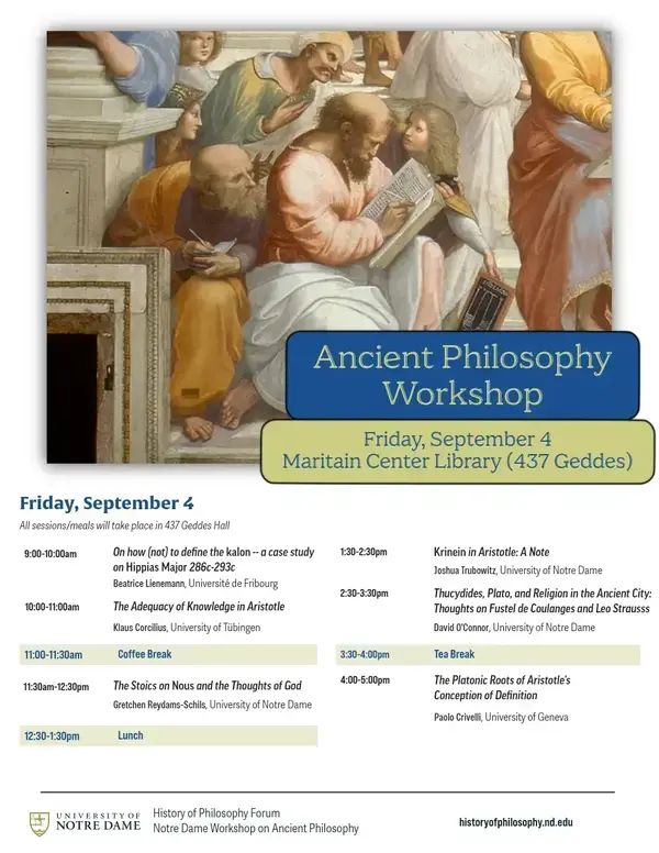 Ancient Philosophy Workshop flyer with Raphael's School of Athens detail: Plato, Aristotle, and philosophers.